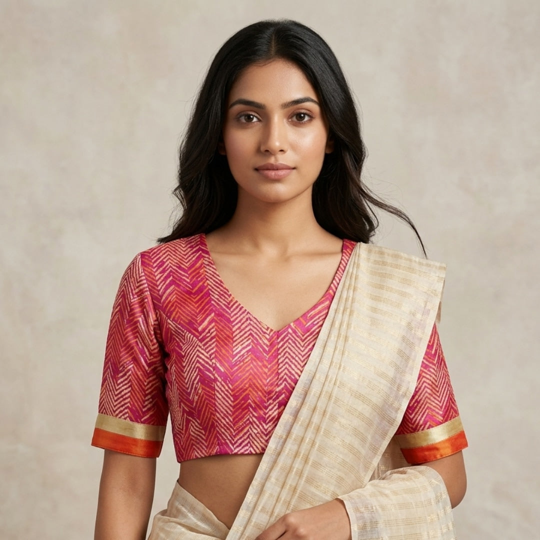 Hot Pink Gaji Silk Chevron Print Readymade Blouse