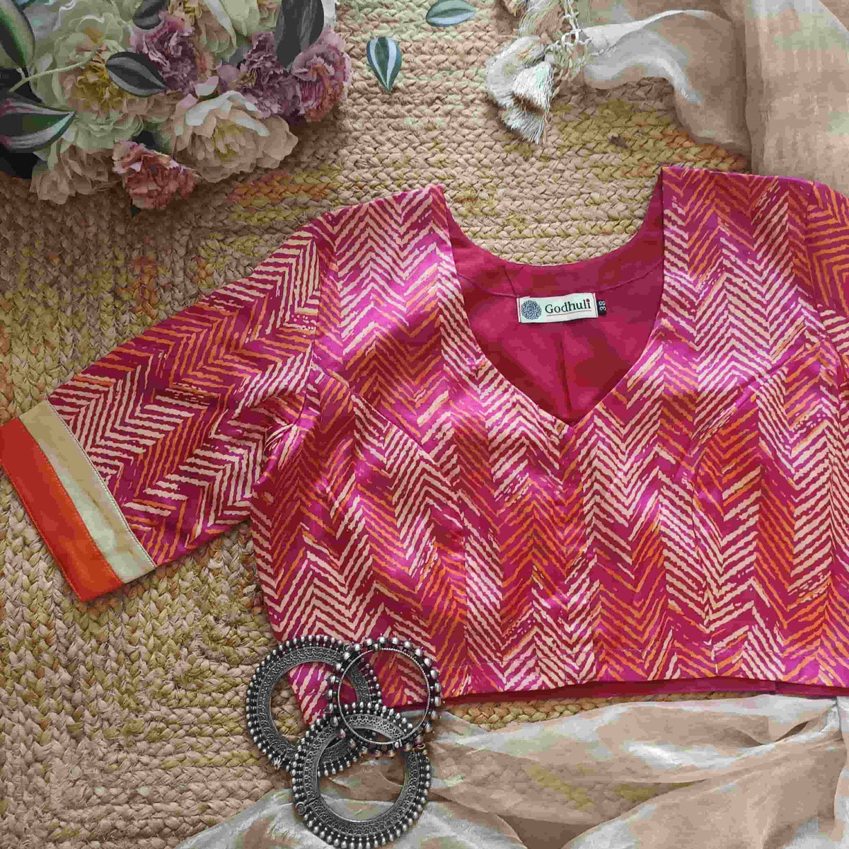 Hot Pink Gaji Silk Chevron Print Readymade Blouse