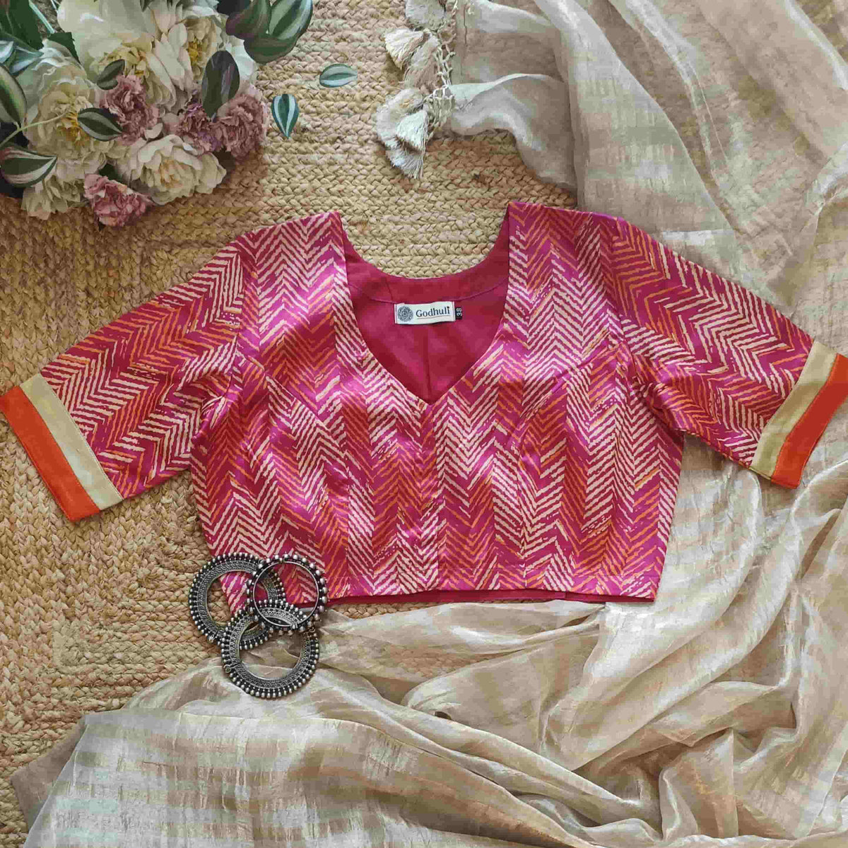 Hot Pink Gaji Silk Chevron Print Readymade Blouse