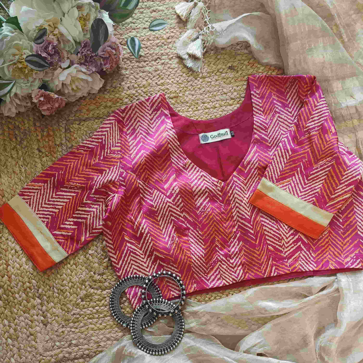 Hot Pink Gaji Silk Chevron Print Readymade Blouse