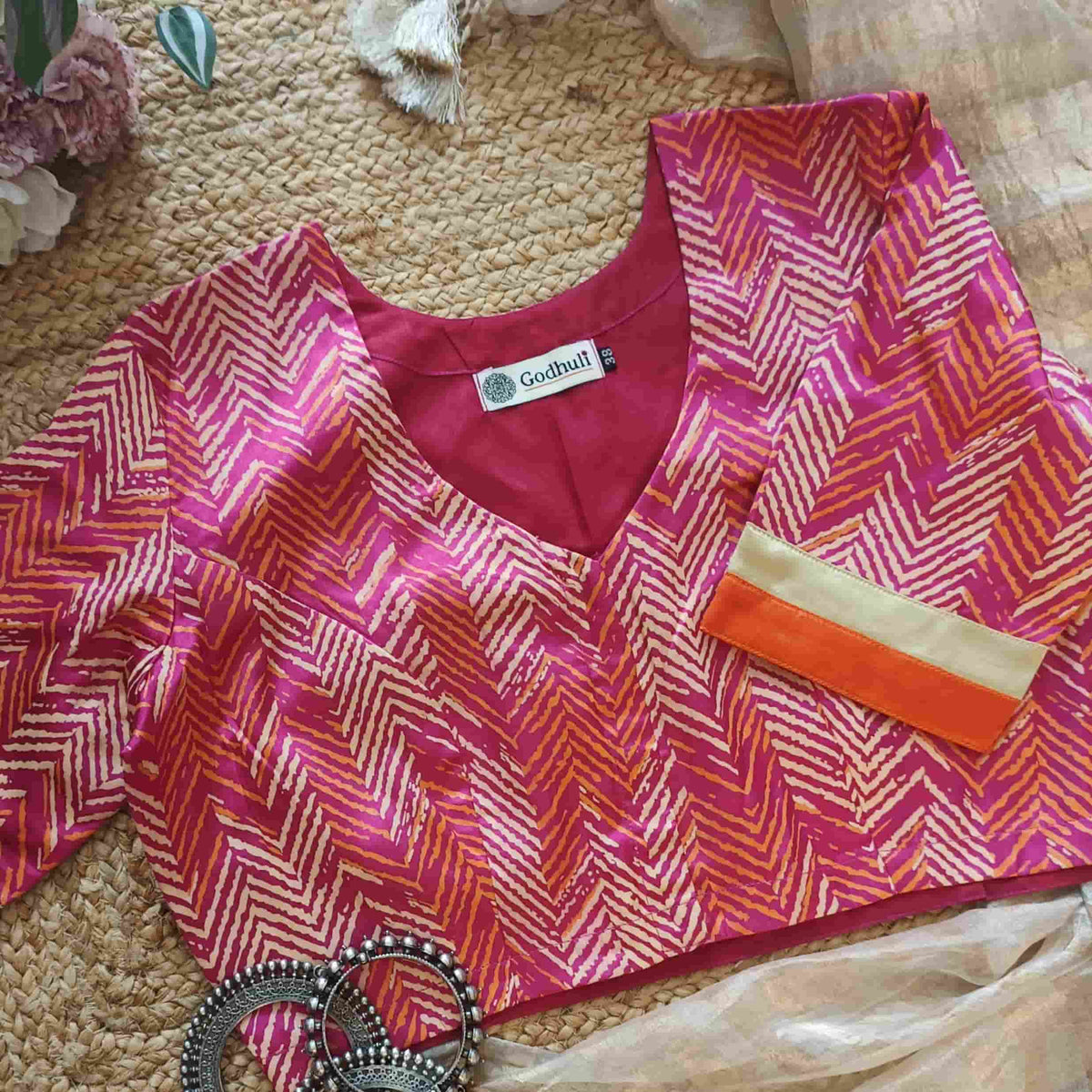 Hot Pink Gaji Silk Chevron Print Readymade Blouse