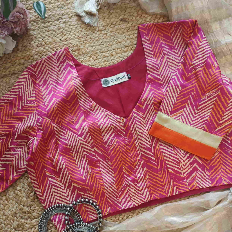Hot Pink Gaji Silk Chevron Print Readymade Blouse | Godhuli