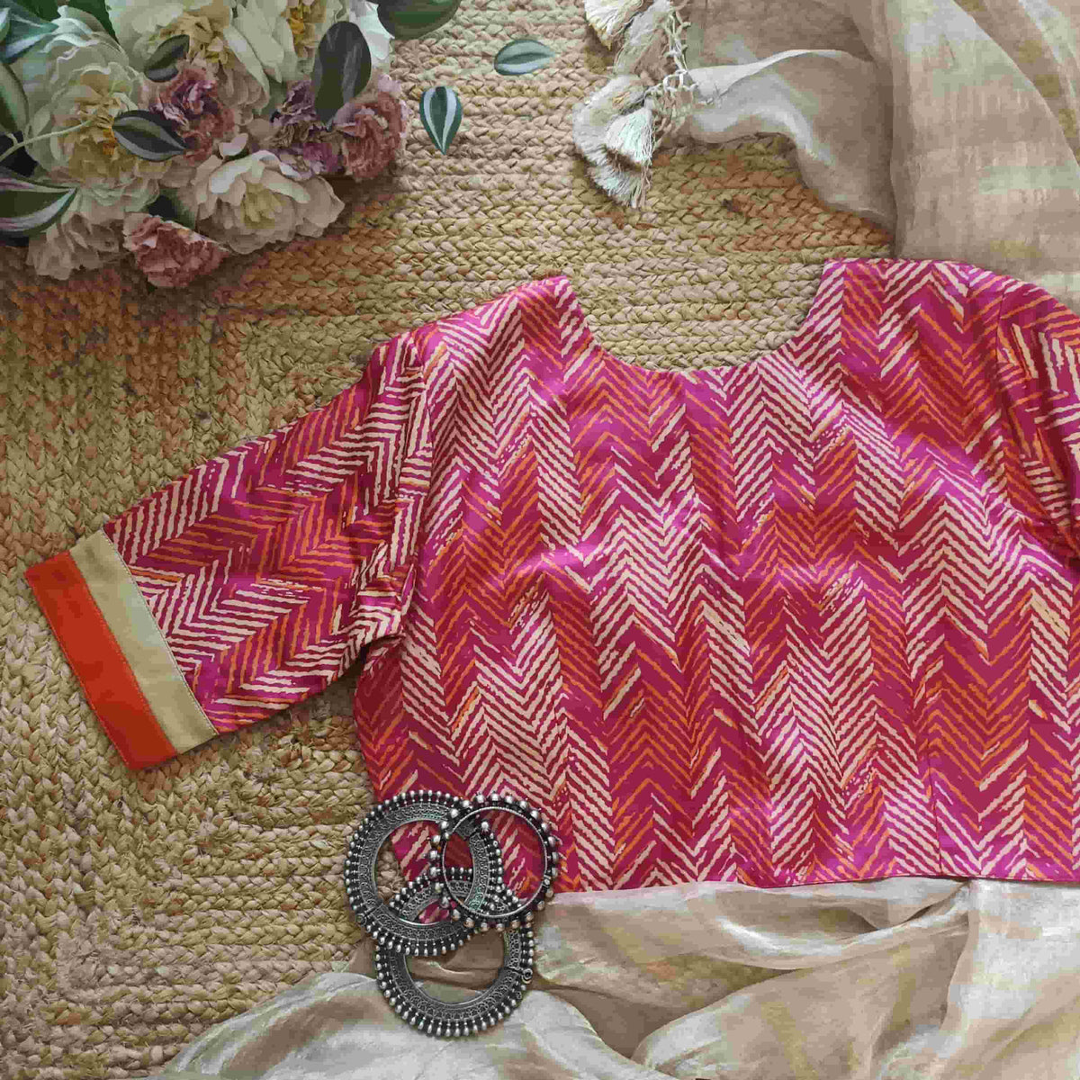 Hot Pink Gaji Silk Chevron Print Readymade Blouse