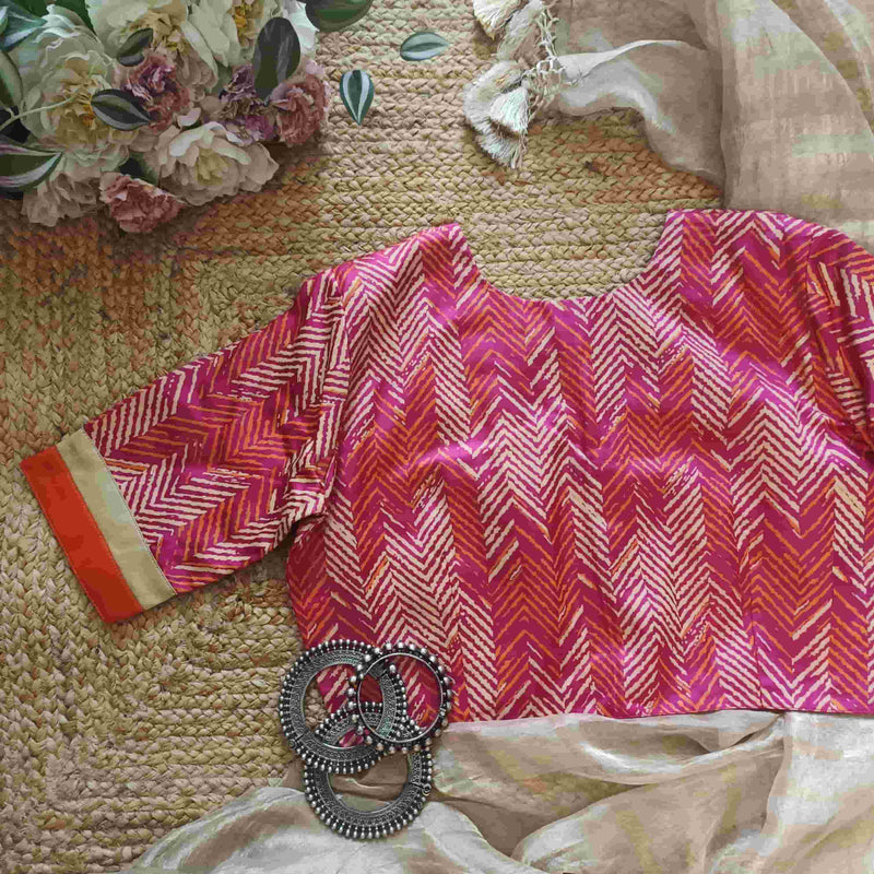 Hot Pink Gaji Silk Chevron Print Readymade Blouse | Godhuli