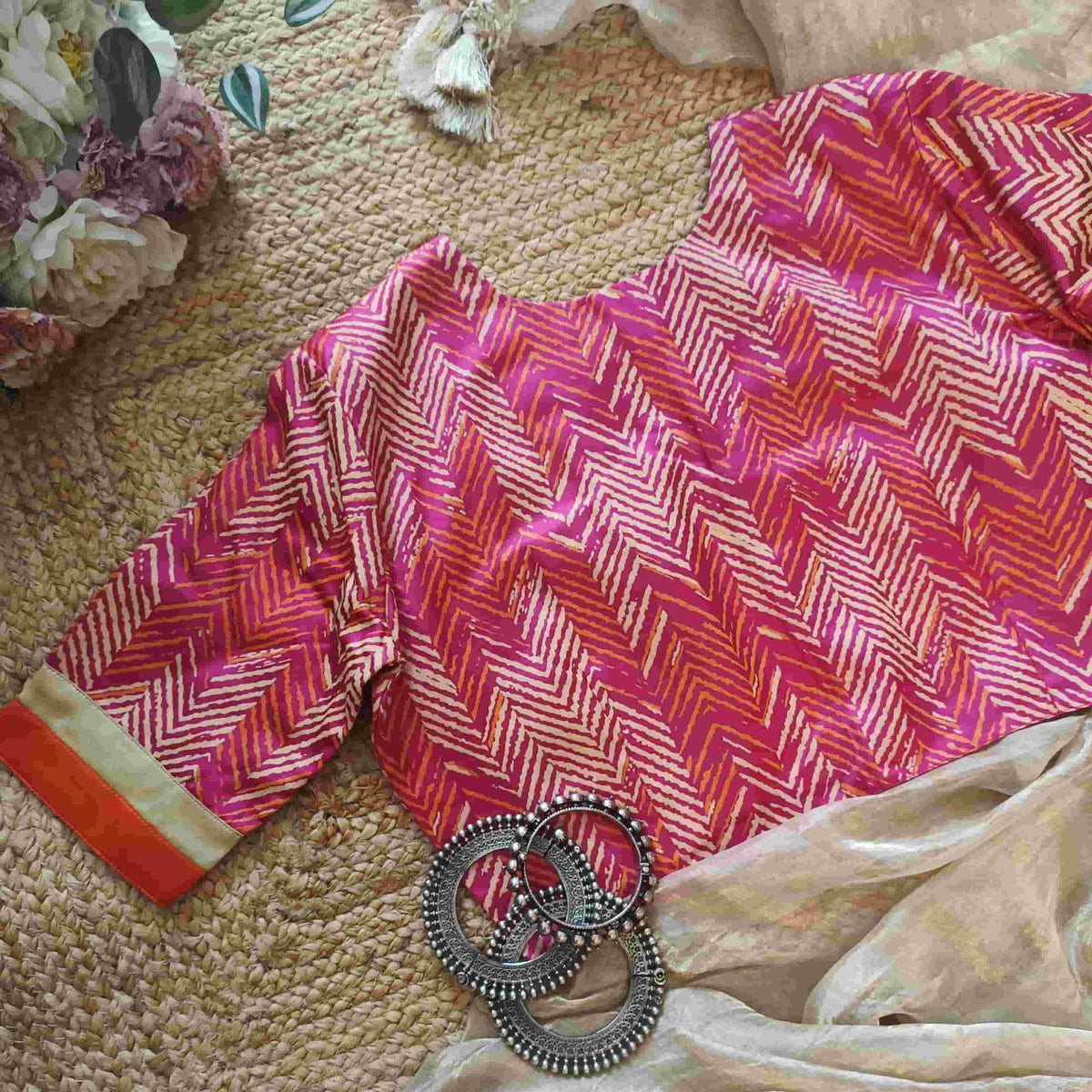 Hot Pink Gaji Silk Chevron Print Readymade Blouse