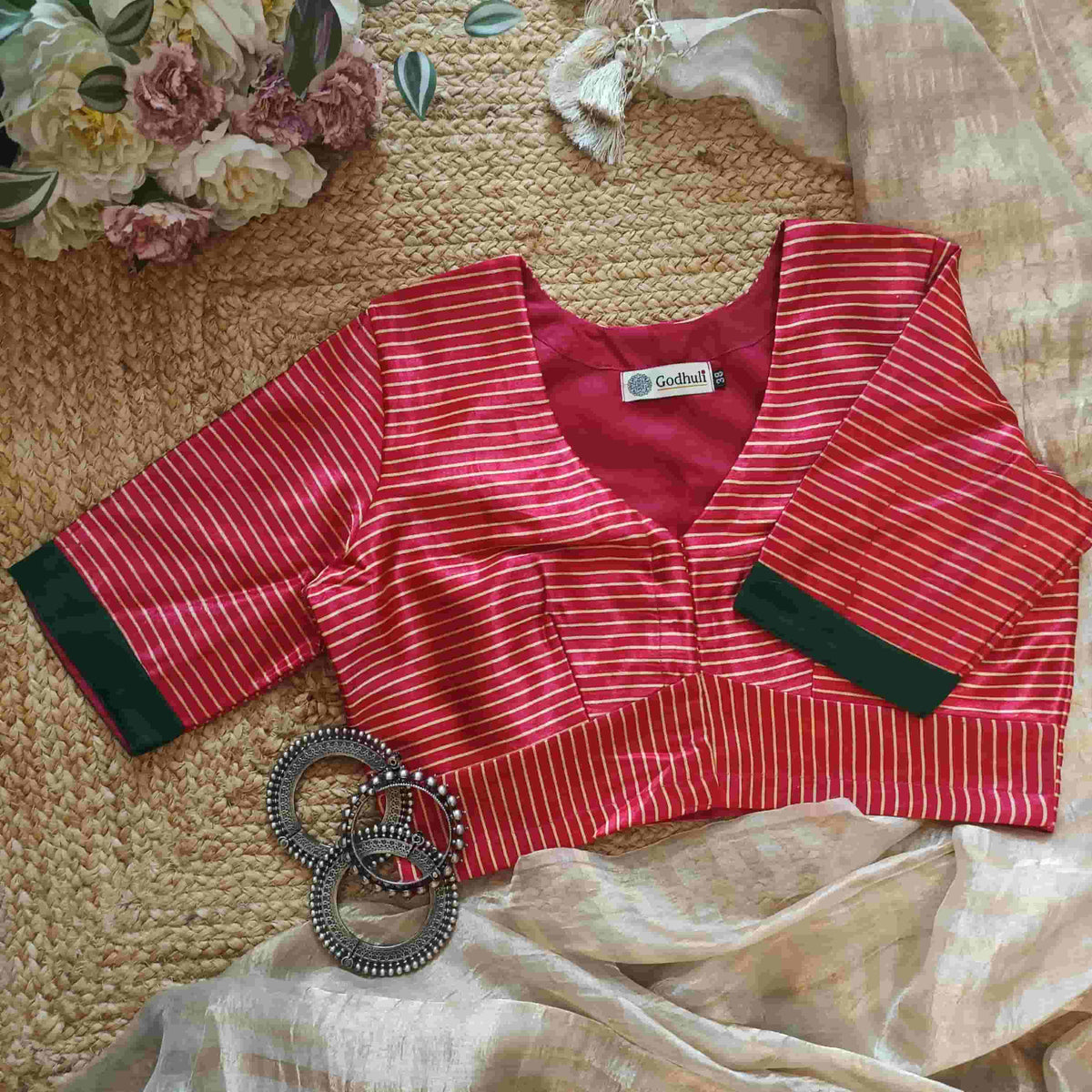 Hot Pink Gaji Silk Stripes Readymade Blouse