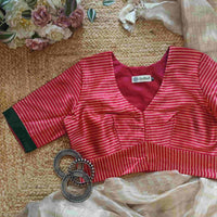 Hot Pink Gaji Silk Stripes Readymade Blouse | Godhuli