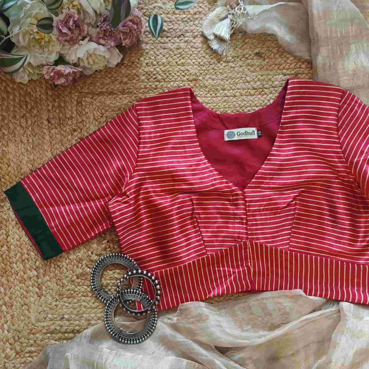 Hot Pink Gaji Silk Stripes Readymade Blouse