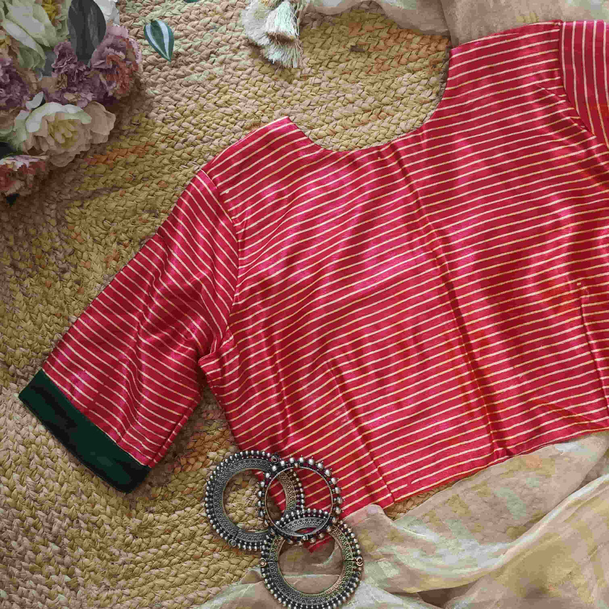 Hot Pink Gaji Silk Stripes Readymade Blouse