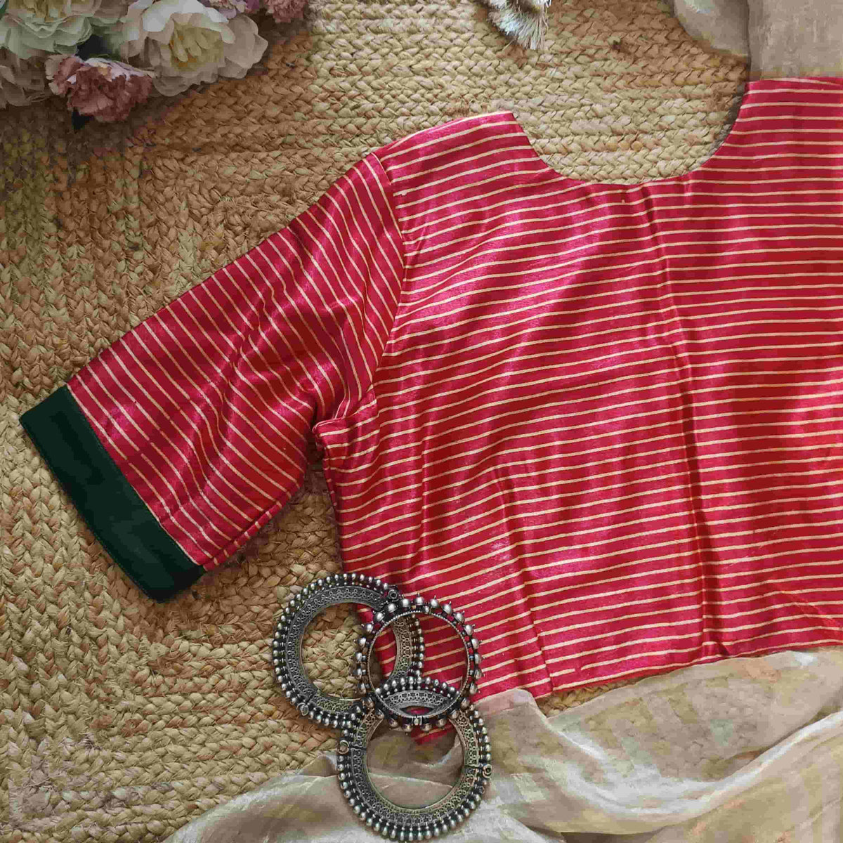 Hot Pink Gaji Silk Stripes Readymade Blouse