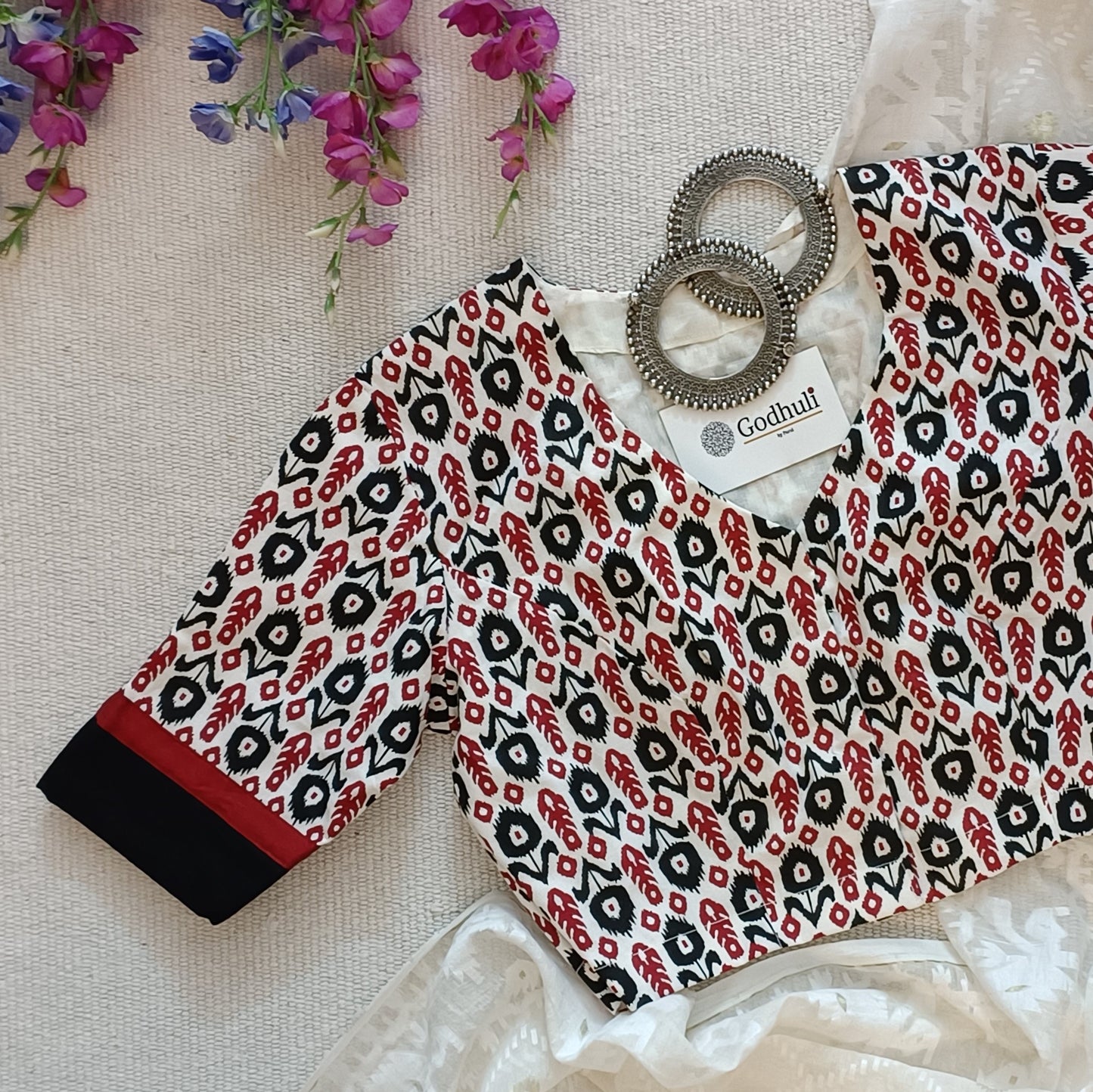 White Blouse with Small Red Black Uzbek Ikat Print