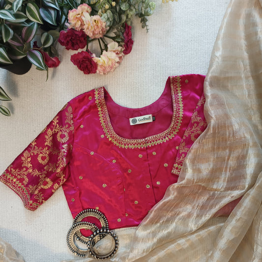 Rani Gaji Silk Brocade Sleeves Aari Work Blouse