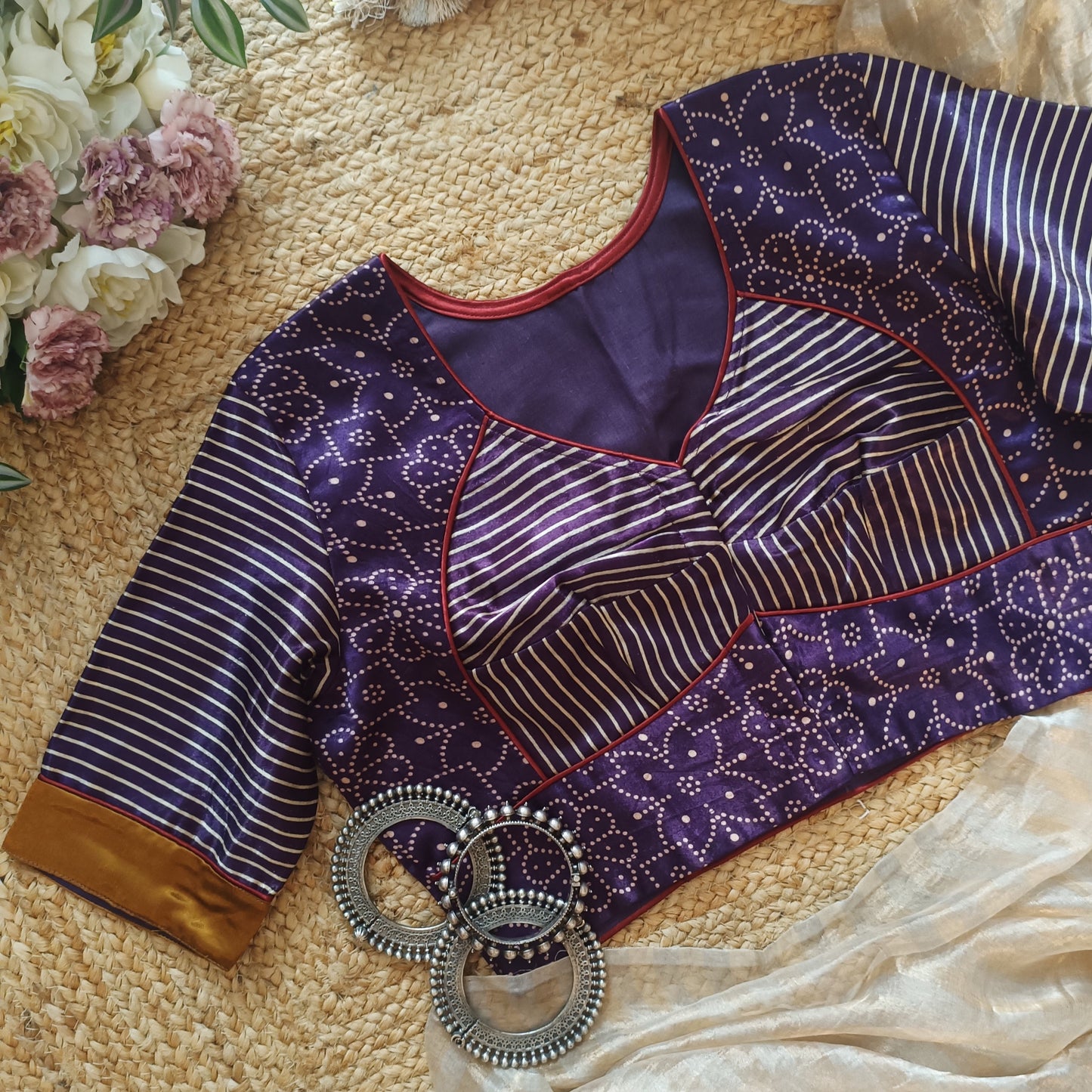 Purple Wine Floral Gaji Silk Choli Pattern Blouse