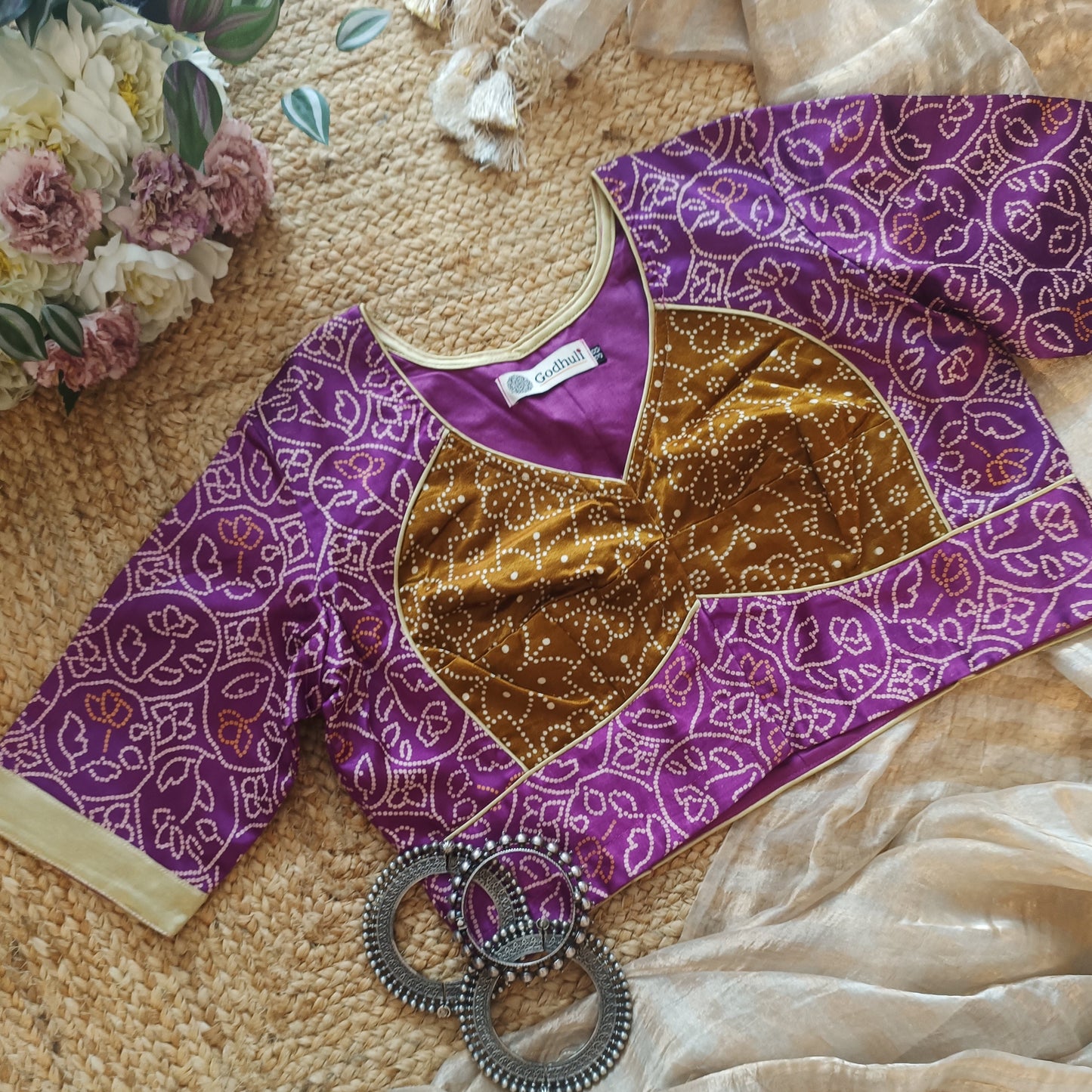Lilac Purple Gaji Silk Blouse with Mustard Choli Pattern
