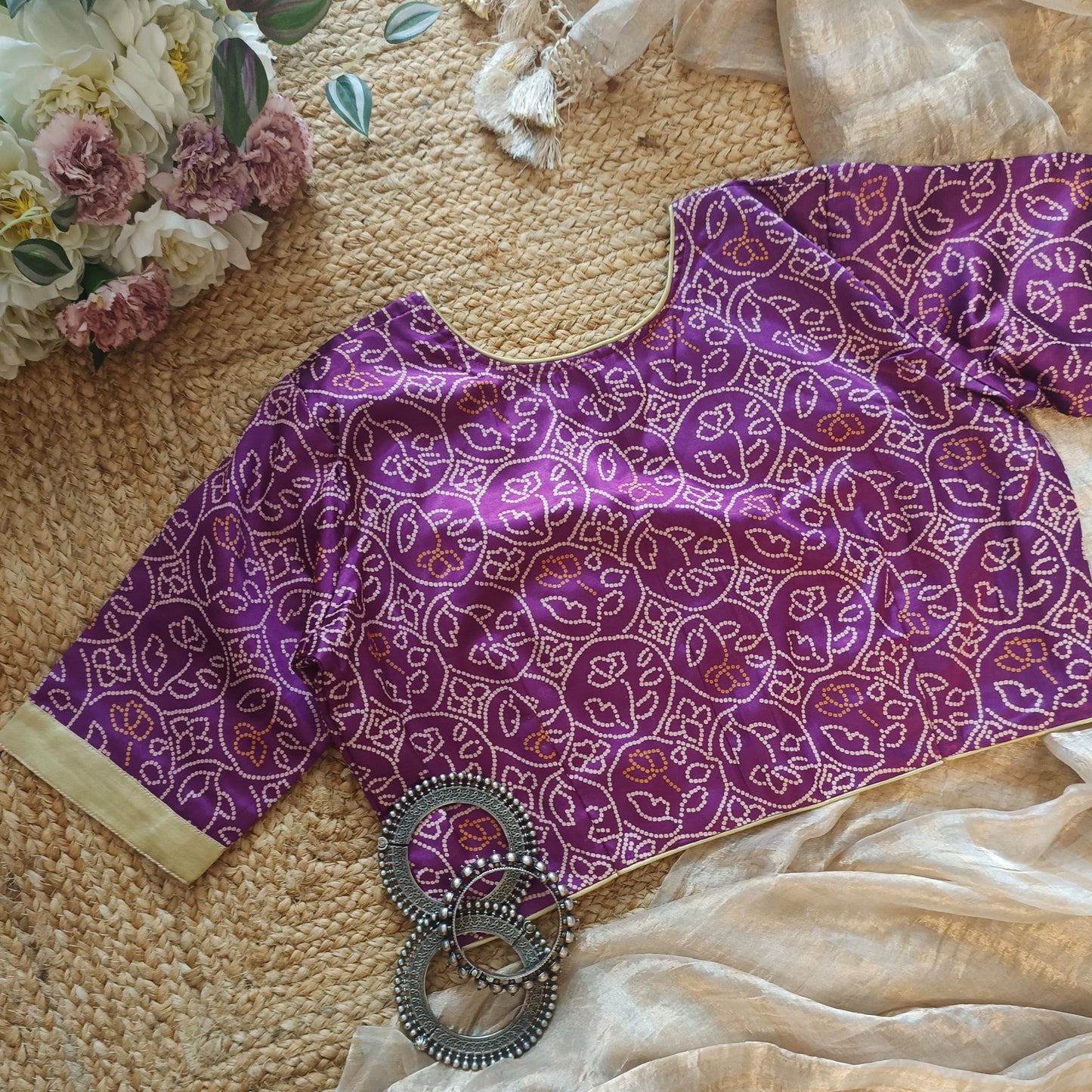 Lilac Purple Gaji Silk Blouse with Mustard Choli Pattern