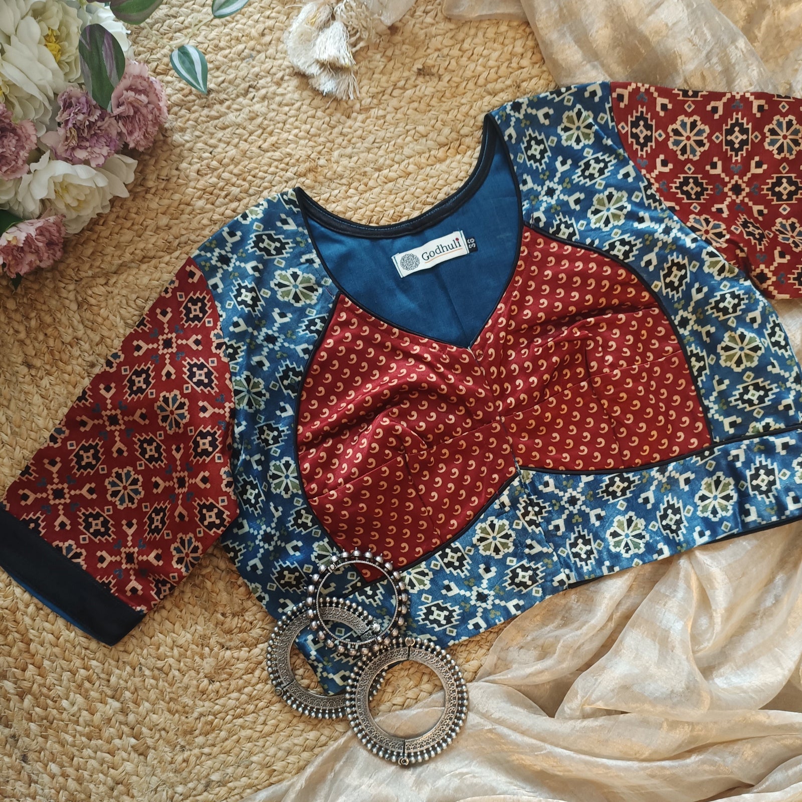 Maroon Indigo Blue Gaji Silk Choli Pattern Readymade Blouse | Godhuli