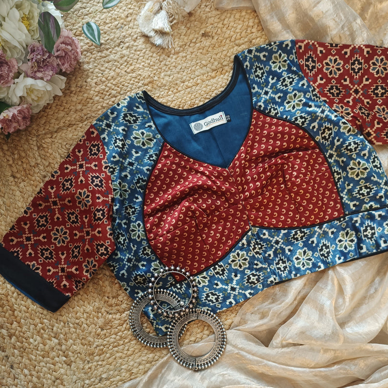 Maroon Indigo Blue Gaji Silk Choli Pattern Readymade Blouse | Godhuli