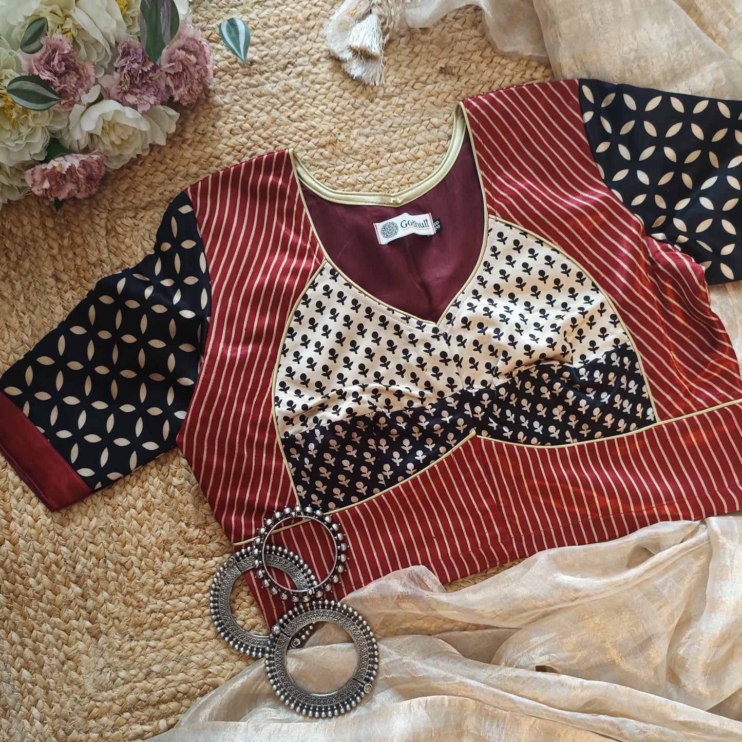 Maroon Black Beige Gaji Silk Choli Pattern Blouse