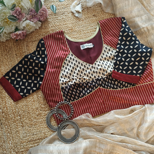Maroon Black Beige Gaji Silk Choli Pattern Blouse