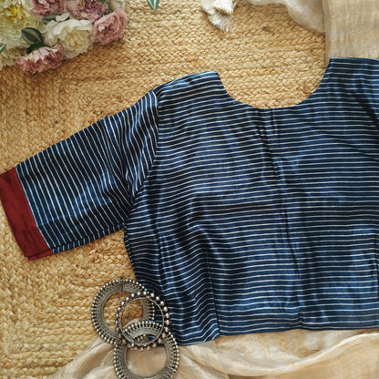 Navy Blue Gaji Silk Stripes Blouse