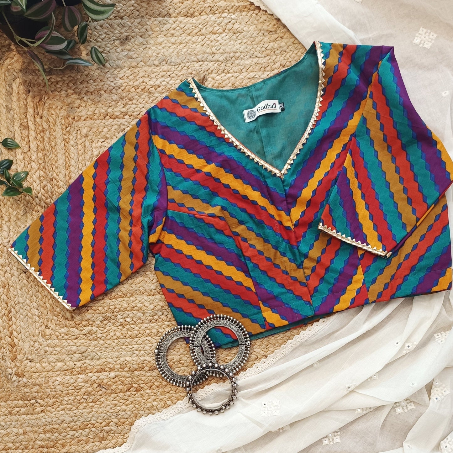 Multicoloured Leheriya Stripes Magenta blouse