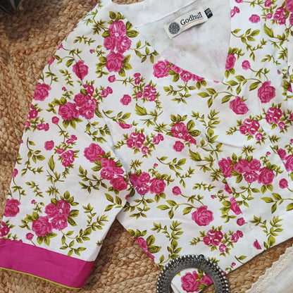 White Floral Printed Cotton Blouse