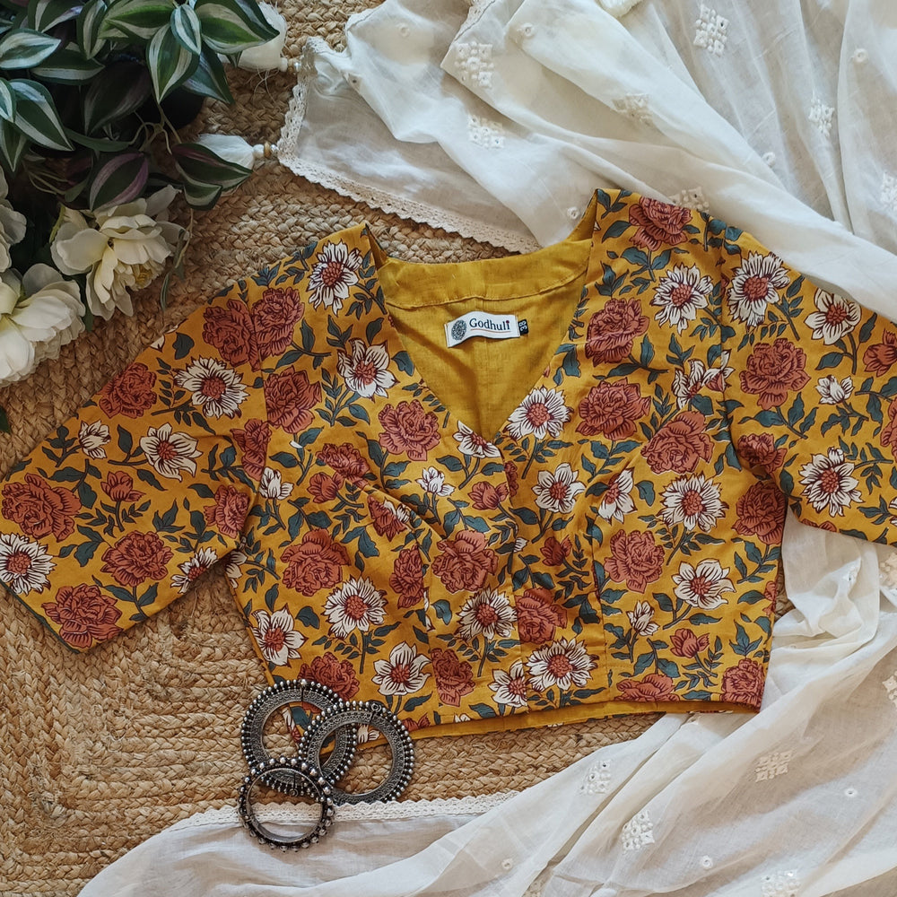 Buy Mustard Yellow Floral Printed Cotton Blouse | Godhuli