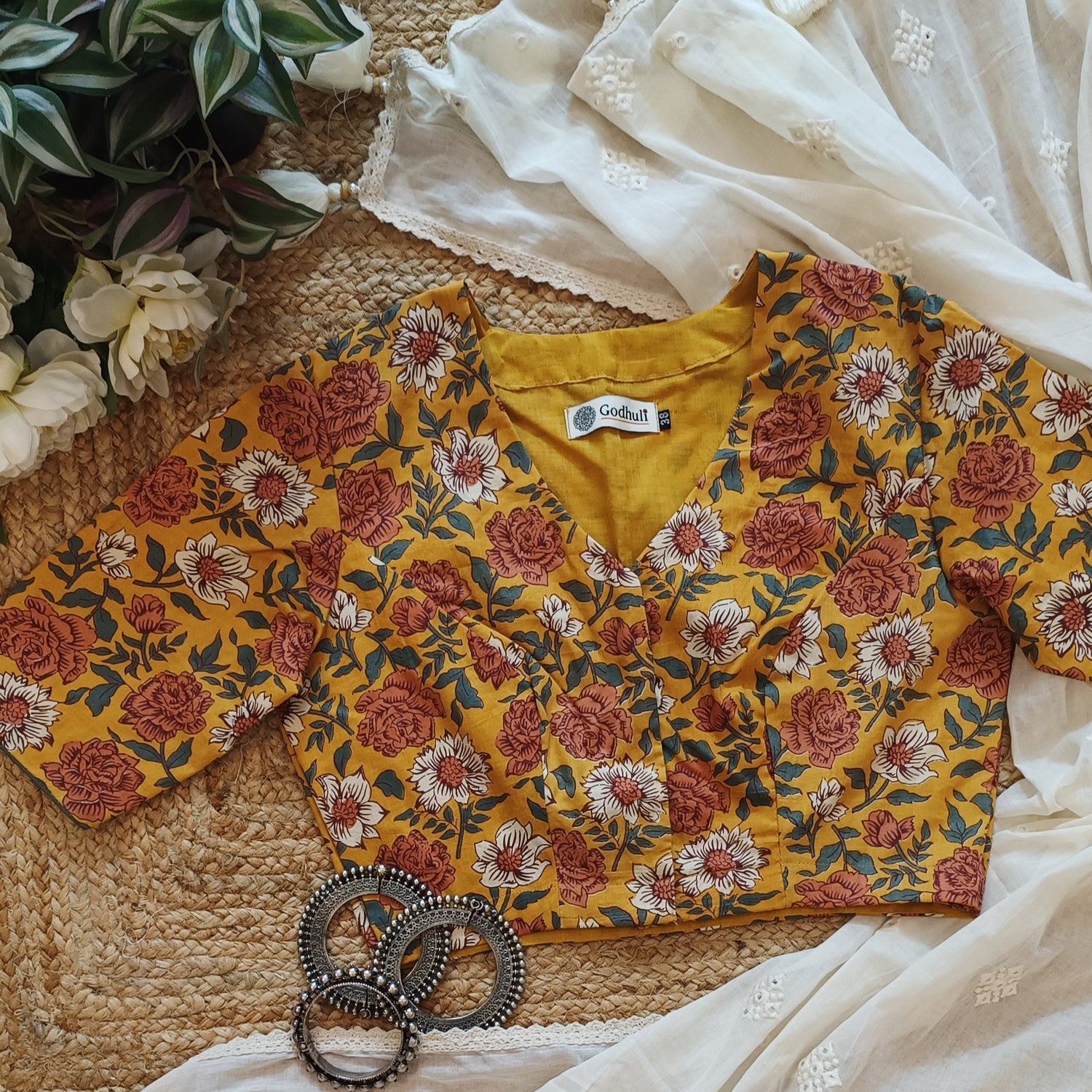 Buy Mustard Yellow Floral Printed Cotton Blouse | Godhuli