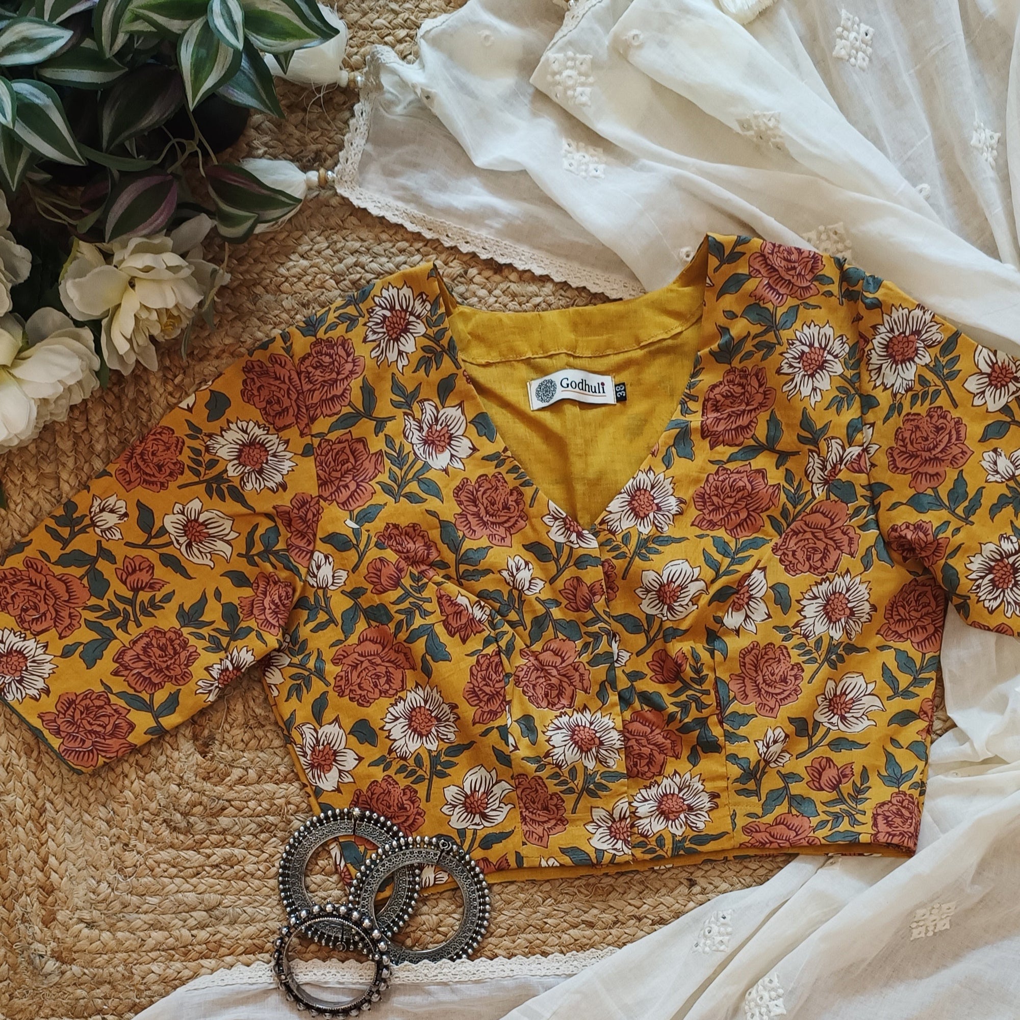 Buy Mustard Yellow Floral Printed Cotton Blouse | Godhuli