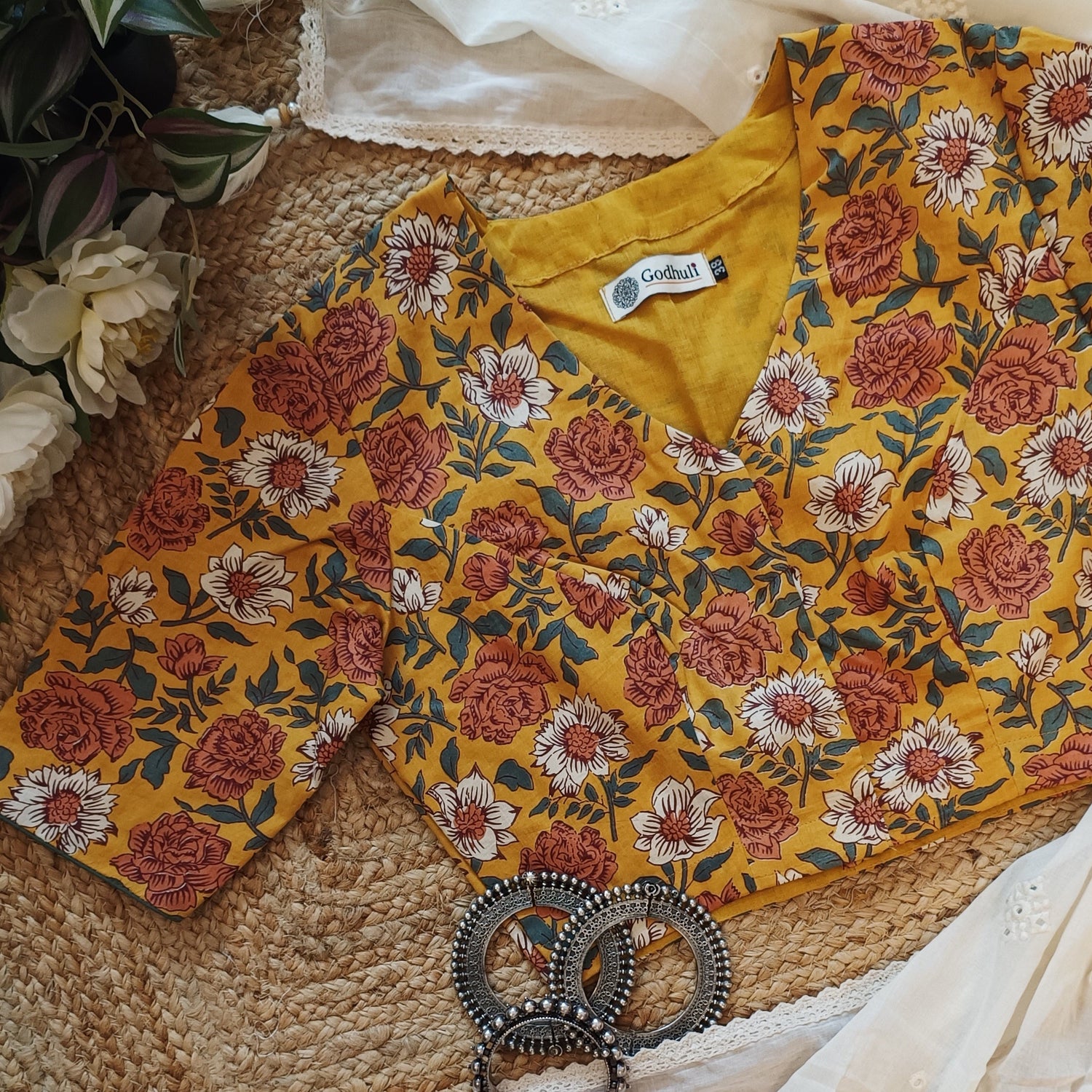Buy Mustard Yellow Floral Printed Cotton Blouse | Godhuli
