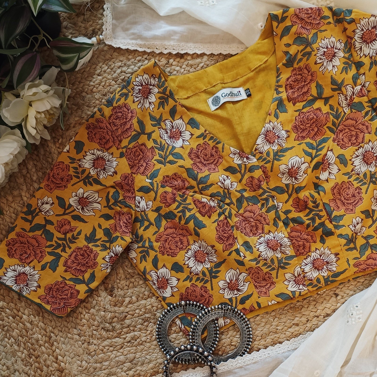 Buy Mustard Yellow Floral Printed Cotton Blouse | Godhuli