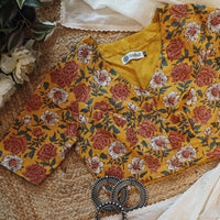 Buy Mustard Yellow Floral Printed Cotton Blouse | Godhuli