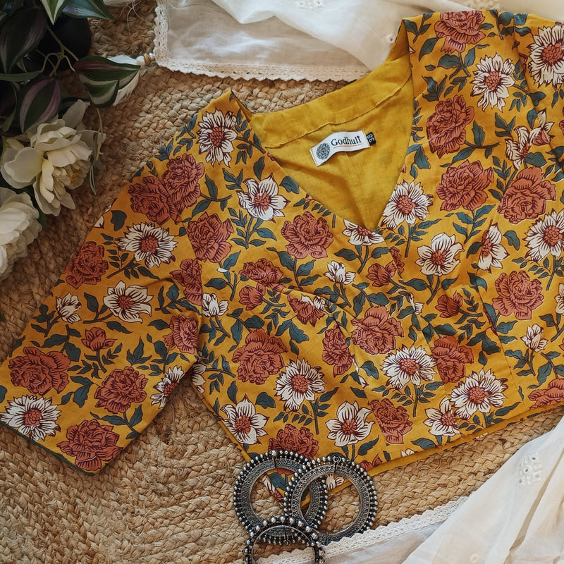 Buy Mustard Yellow Floral Printed Cotton Blouse | Godhuli