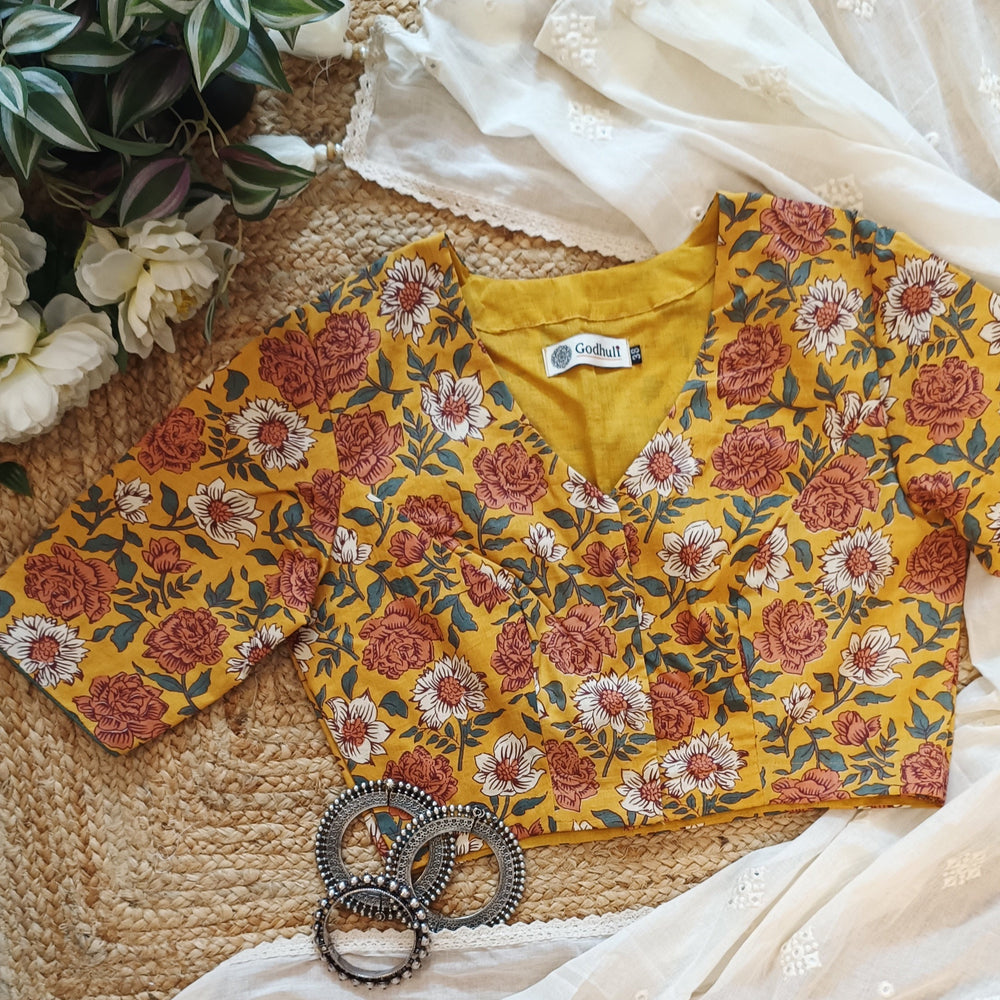 Buy Mustard Yellow Floral Printed Cotton Blouse | Godhuli