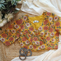 Buy Mustard Yellow Floral Printed Cotton Blouse | Godhuli