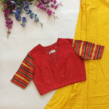 Red Handwoven Gaji Silk Blouse with Multicoloured Stripes Sleeves