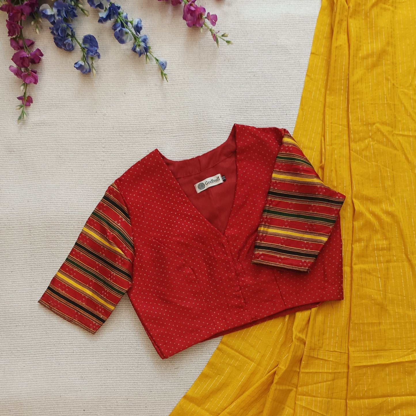 Red Handwoven Gaji Silk Blouse with Multicoloured Stripes Sleeves