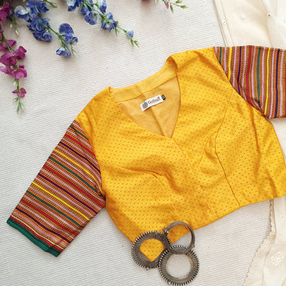 Yellow Handwoven Gaji Silk Blouse with Multicoloured Stripes Sleeves