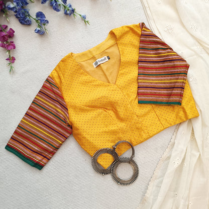 Yellow Handwoven Gaji Silk Blouse with Multicoloured Stripes Sleeves