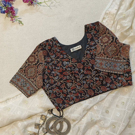 Buy Black Ajrakh Cotton Blouse with Sleeves | Godhuli