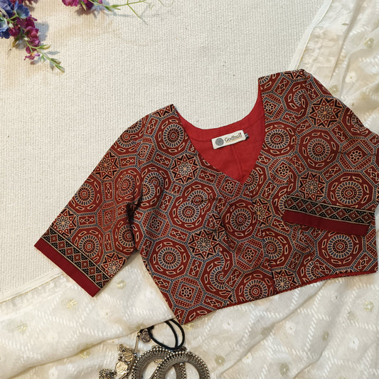 Buy Maroon Ajrakh Blouse with Sleeves | Godhuli