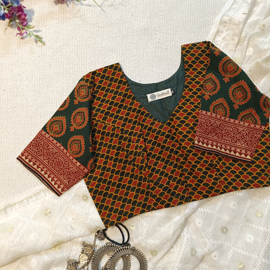 Buy Dark Green Red Ajrakh Cotton Blouse | Godhuli