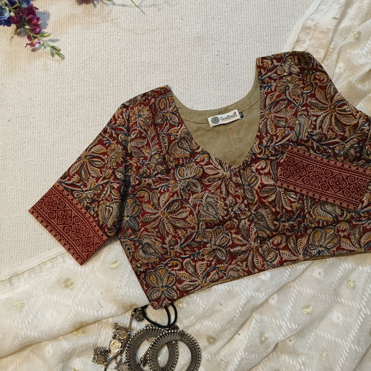 Buy Maroon Olive Green Kalamkari Blouse | Godhuli