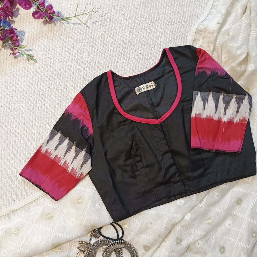 Black Blouse with Pink Red Ikat Readymade Blouse | Godhuli