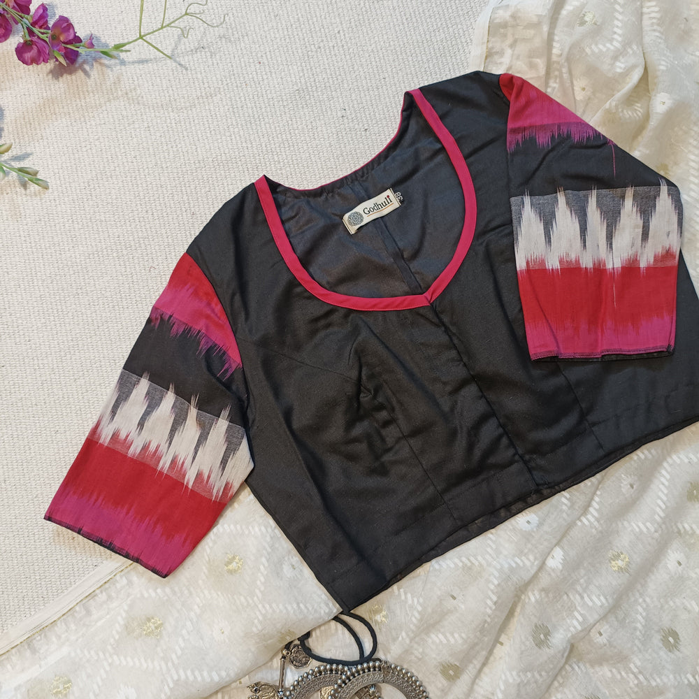 Black Blouse with Pink Red Ikat Readymade Blouse | Godhuli
