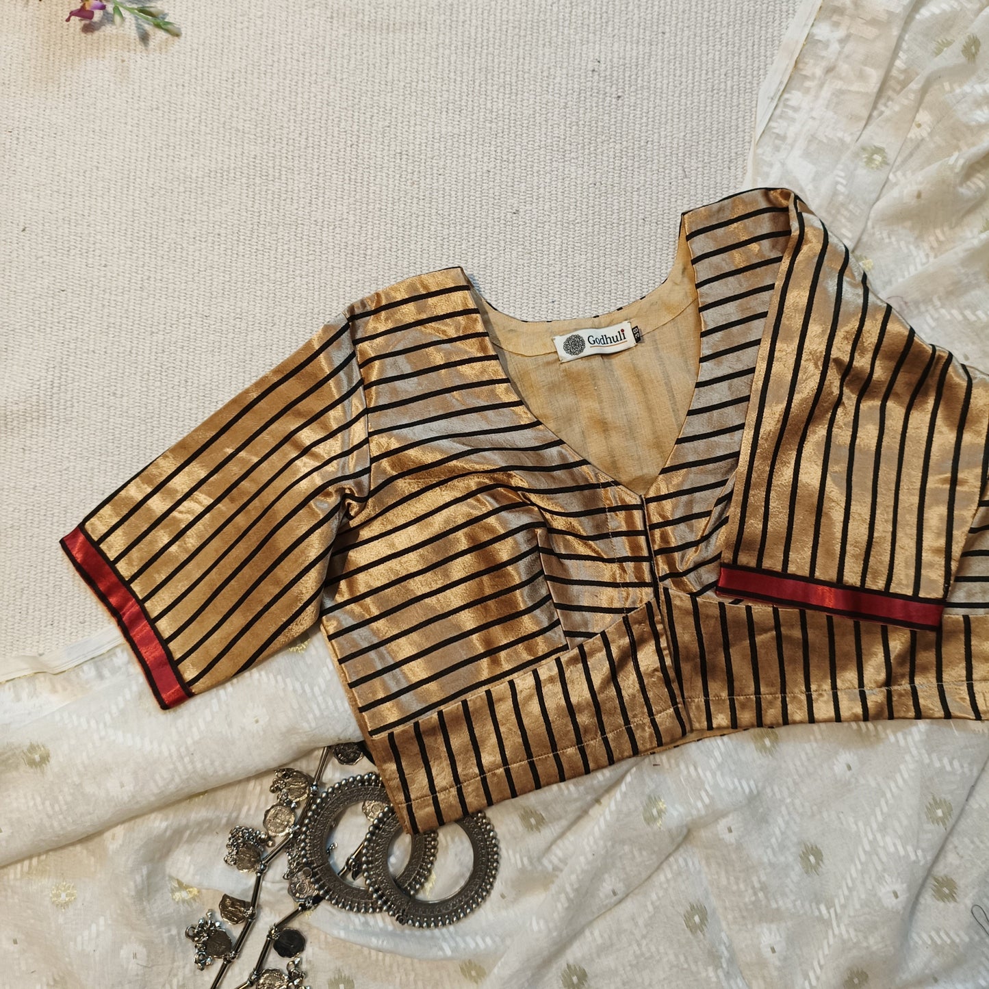 Buy Beige Gaji Silk Stripes Blouse | Godhuli