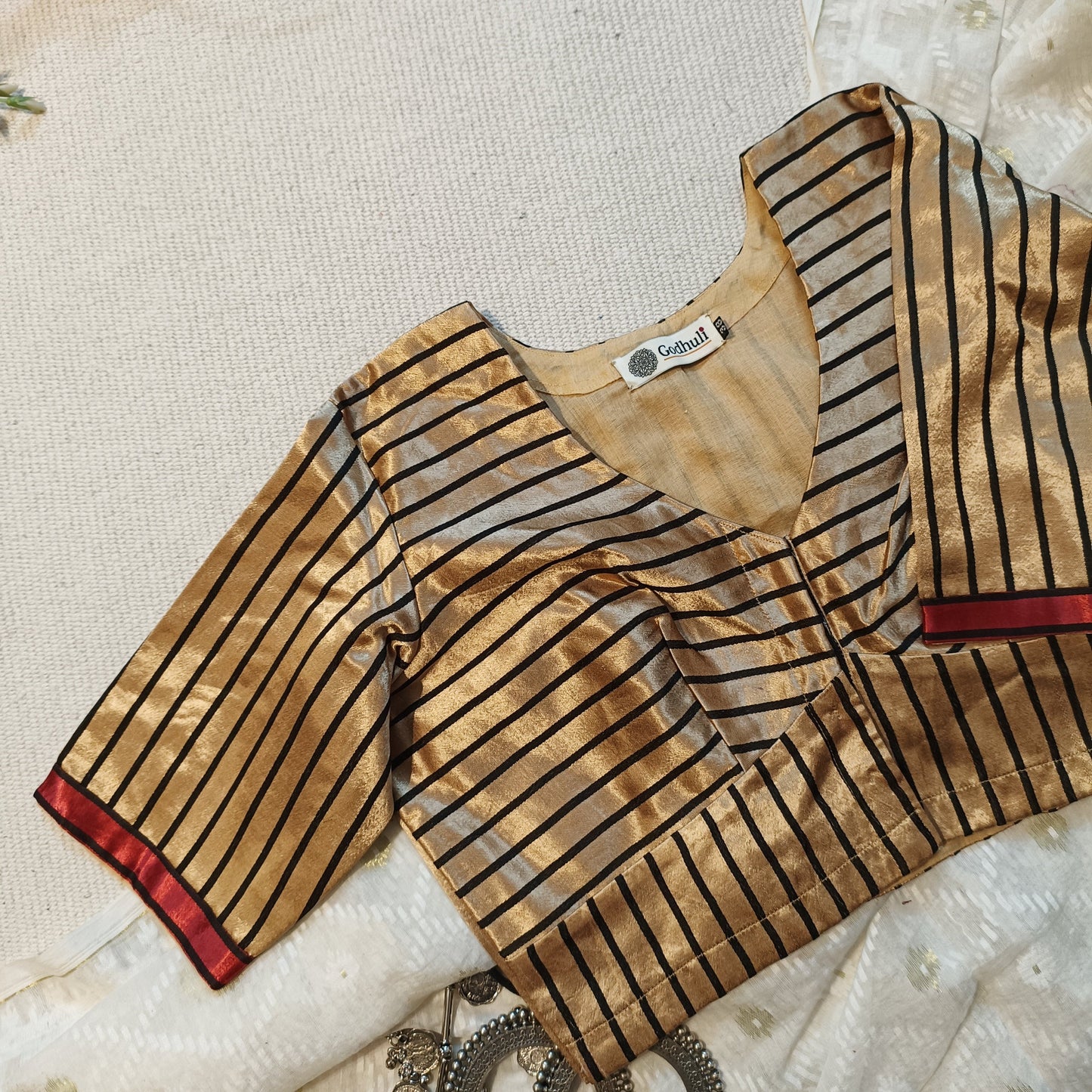 Buy Beige Gaji Silk Stripes Blouse | Godhuli