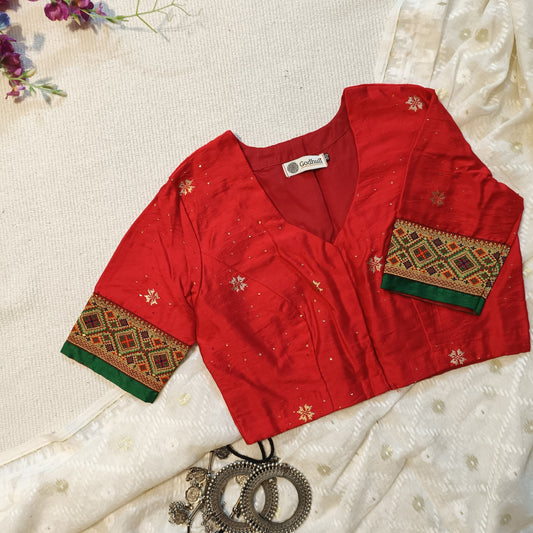 Buy Red Cotton Silk Zari Brocade Border Blouse | Godhuli