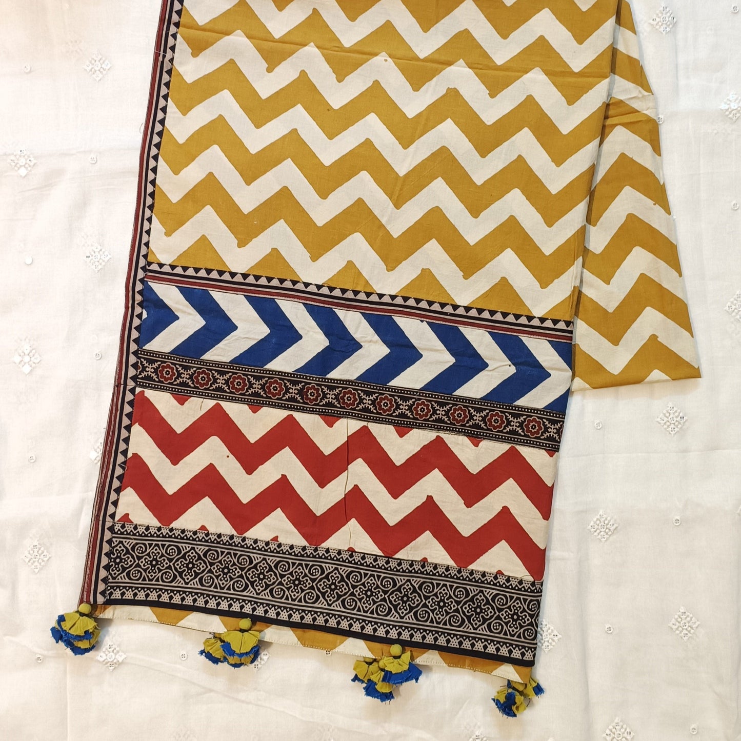 Buy Ochre Yellow Chevron Print Patchwork Dupatta | Godhuli