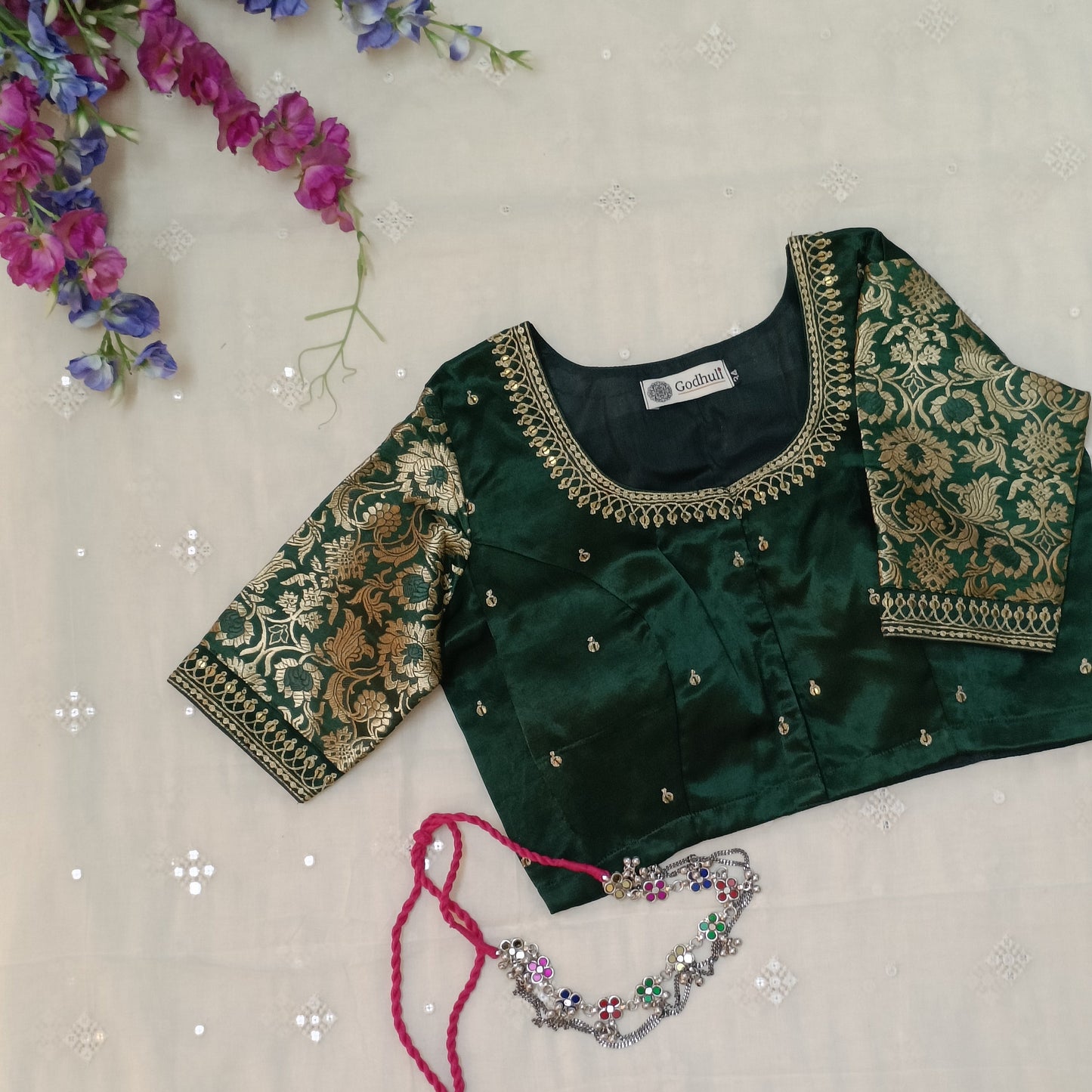 Buy Bottle Green Silk Brocade Sleeves Aari Work Blouse | Godhuli